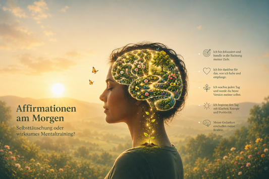 Person im Profil vor Sonnenaufgang; im Kopf eine Illustration eines Gehirns mit Pflanzen. Daneben stehen fünf Morgen‑Affirmationen.