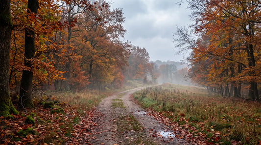 Herbstlicher Waldweg mit orangefarbenem Laub, feuchtem Boden und Nebel über einer Wiese