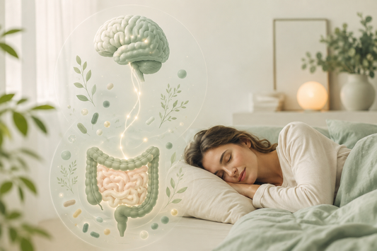 Sanfte Illustration einer schlafenden Frau mit symbolischer Verbindung zwischen Darm, Mikrobiom und Gehirn – Sinnbild für die Darm-Schlaf-Achse und gesunden Schlaf.