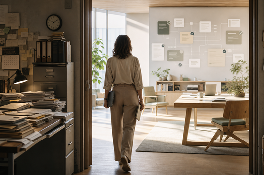 Mensch betritt eine neue Arbeitswelt, in der KI Aufgaben ordnet und Raum für Ideen und Entscheidungen schafft
