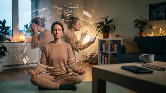 Frau sitzt ruhig im Wohnzimmer; im Hintergrund erscheinen Darstellungen von Stress, Gespräch und Handynutzung