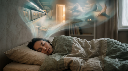 Schlafende Person im Bett mit aufsteigender Traumprojektion, die verschmelzende Szenen wie einen Zug, eine Tür und Wolken zeigt.