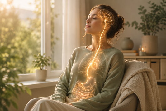 Entspannte Frau am Fenster mit symbolischer Darstellung des Vagusnervs als goldene Lichtlinie zwischen Gehirn, Herz und Bauch – Sinnbild für Entspannung und Stressregulation.