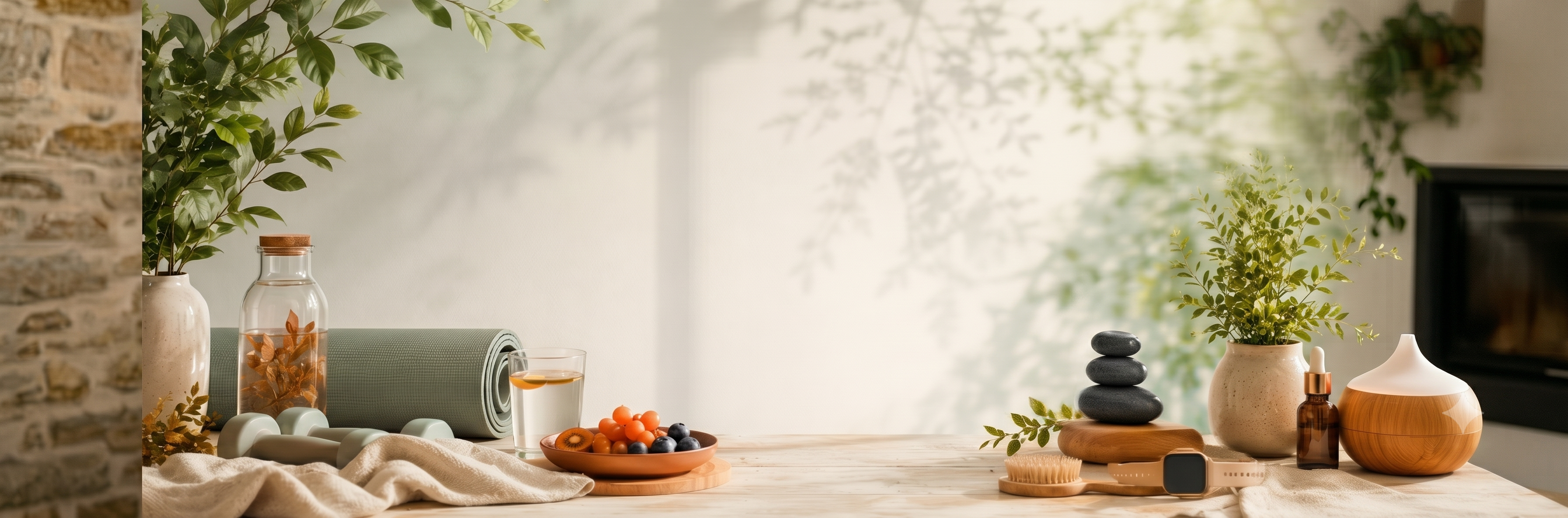 Ein heller, harmonischer Holztisch mit Wellness- und Fitness-Utensilien: Eine zusammengerollte Yogamatte, Hanteln, eine Schale mit frischem Obst, eine Smartwatch, Massagesteine, ätherisches Öl und ein Aroma-Diffuser vor einer Wand mit sanftem Blätterschatten.