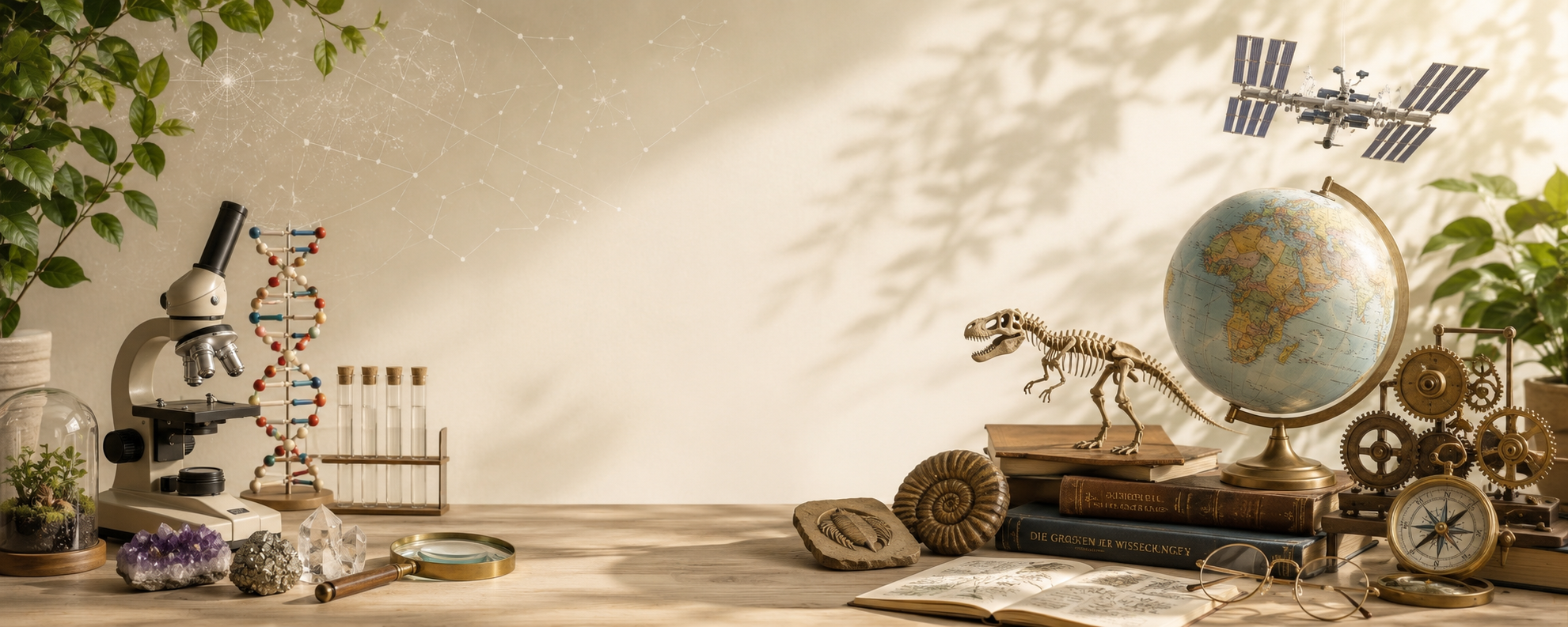 Ein heller Holztisch voller wissenschaftlicher Entdeckungen: Links stehen ein Mikroskop, ein DNA-Modell und Reagenzgläser, rechts alte Bücher, ein Dinosaurierskelett, ein Globus, Zahnräder und ein Kompass. Im Hintergrund schwebt die ISS-Raumstation vor einer Wand mit Blätterschatten.