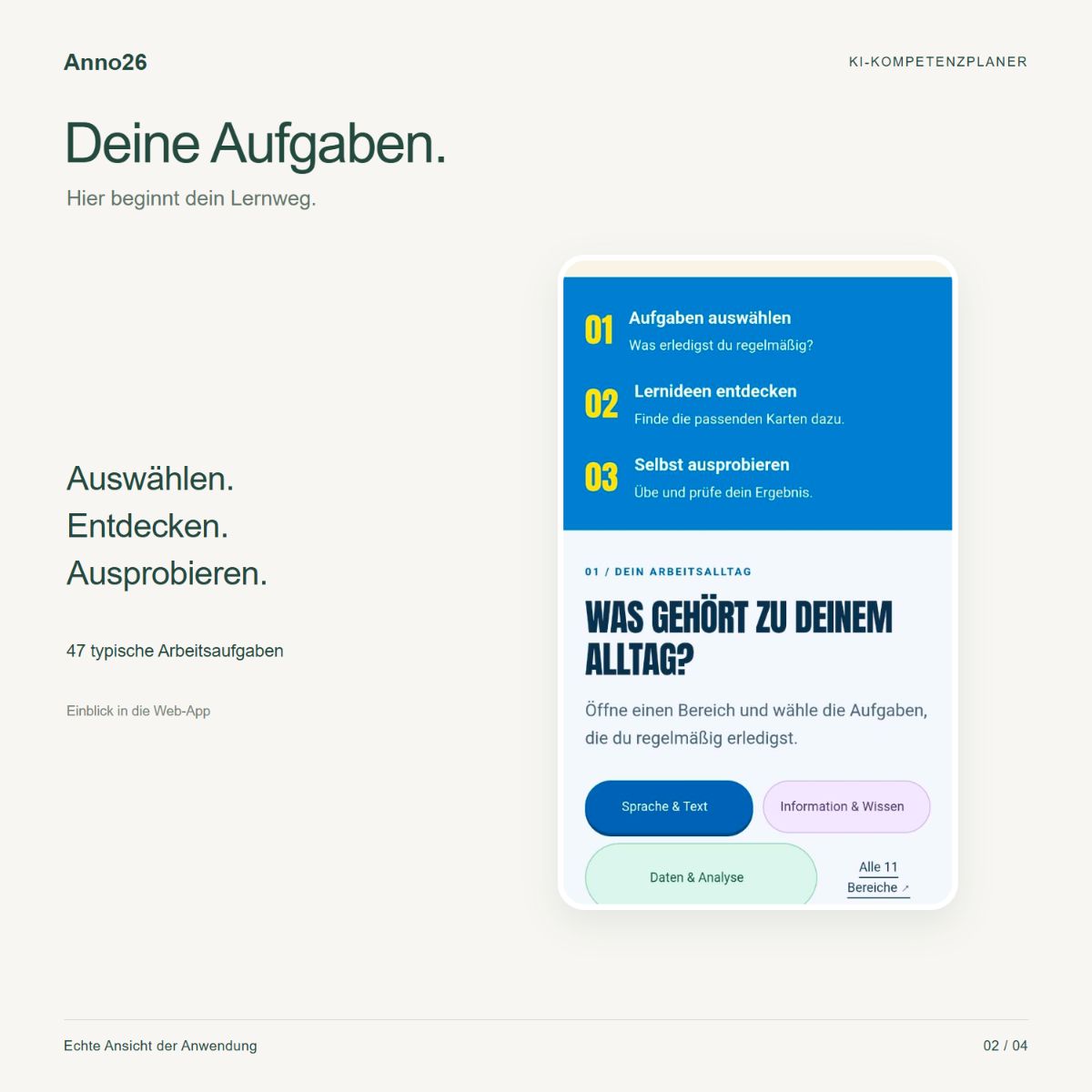 Aufgabenauswahl im Anno26 KI-Kompetenzplaner: auswählen, Lernideen entdecken und ausprobieren.