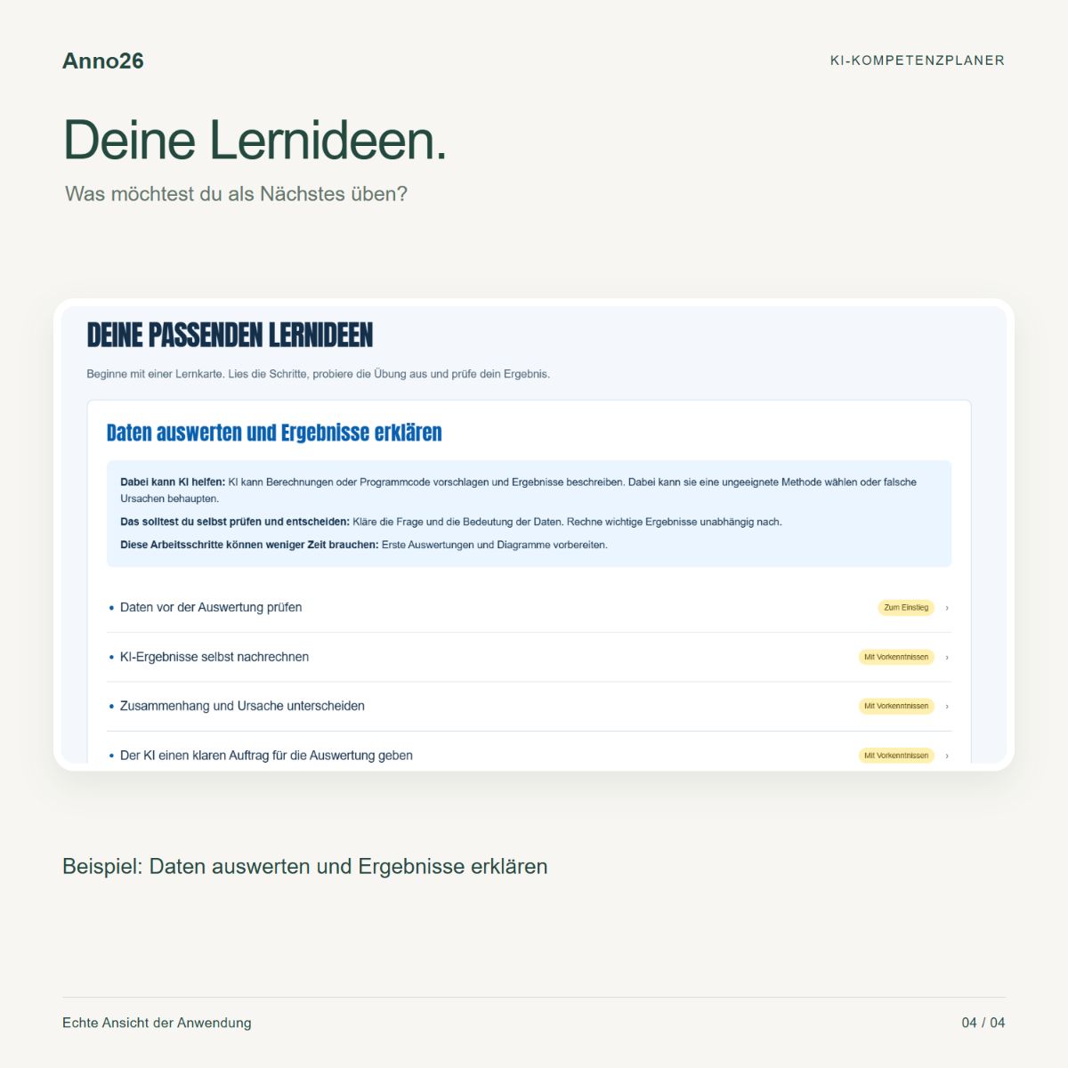 Beispiel der Lernideen im Anno26 KI-Kompetenzplaner: Daten auswerten und Ergebnisse erklären.