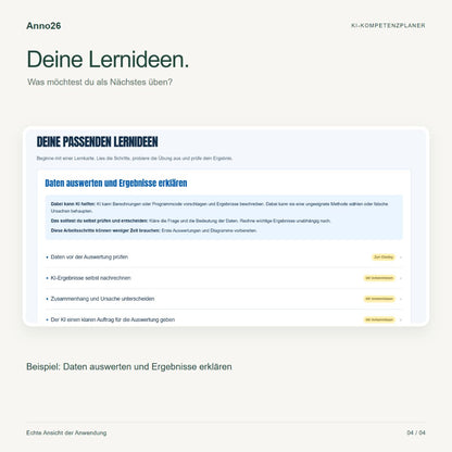 Beispiel der Lernideen im Anno26 KI-Kompetenzplaner: Daten auswerten und Ergebnisse erklären.
