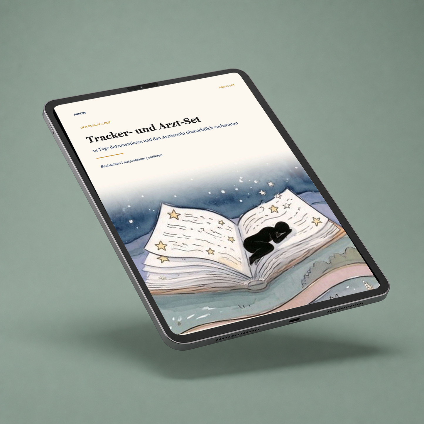 Der Schlaf-Code – 14-Tage-Schlafprotokoll und Arzt-Spickzettel als digitales Anno26-Workbook auf einem Tablet