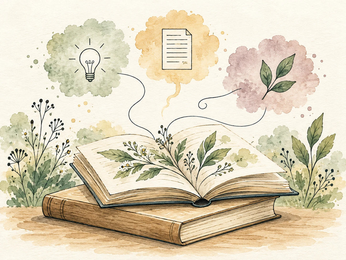 Aquarell mit offenen Büchern und verbundenen Gedankenmotiven.