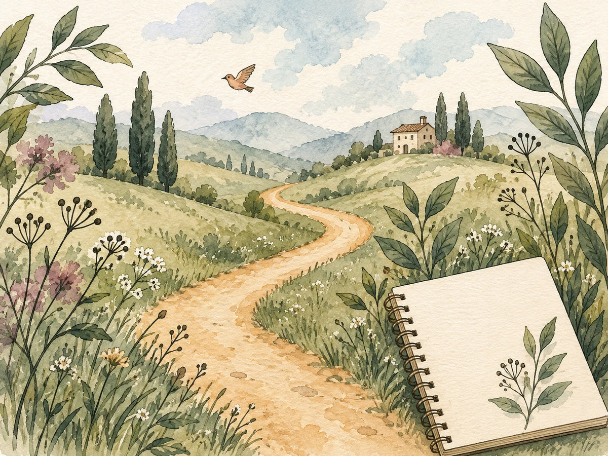 Aquarell mit einem Weg durch grüne Hügel und einem Notizbuch.