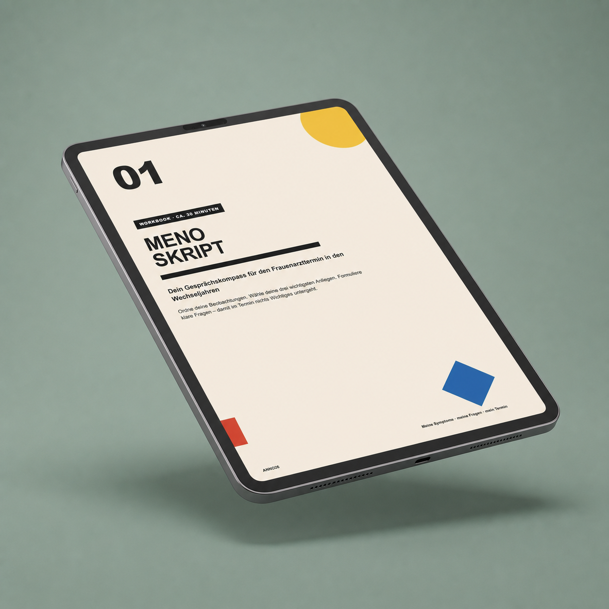 MenoSkript – digitaler Gesprächskompass auf einem schwebenden Tablet vor mattem salbeigrünem Hintergrund