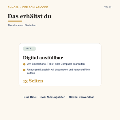 Lieferumfang Schlaf-Code Teil 3 – Abendruhe und Gedanken: eine ausfüllbare und ausdruckbare PDF