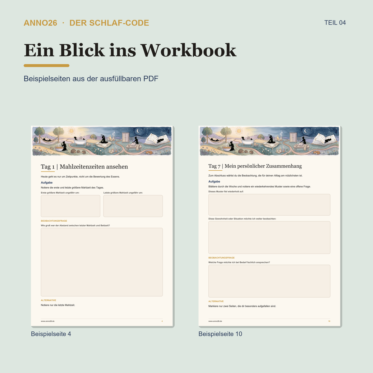 Beispielseiten aus der ausfüllbaren PDF von Schlaf-Code Teil 4 – Bauchgefühl und Alltag