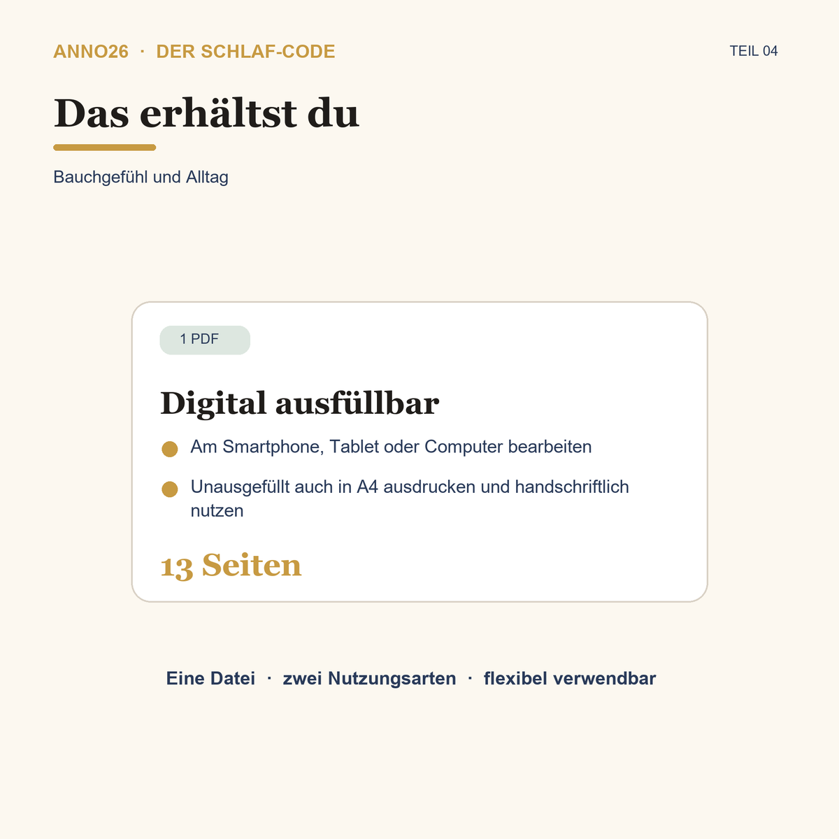 Lieferumfang Schlaf-Code Teil 4 – Bauchgefühl und Alltag: eine ausfüllbare und ausdruckbare PDF