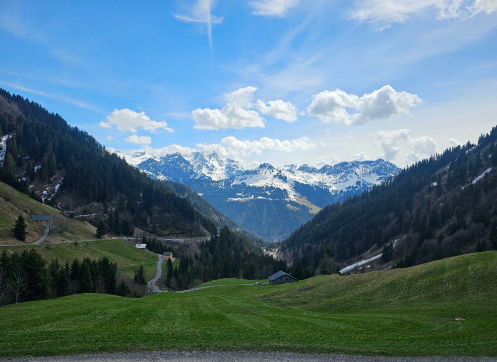 Gruenes Alpental mit Bergen in Vorarlberg